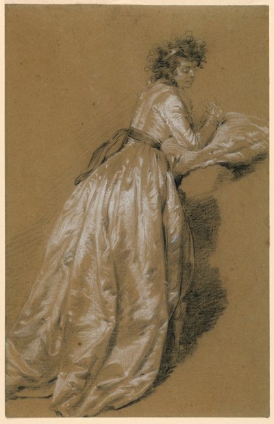 Stehende Frau in einem weißen Kleid von Unknown